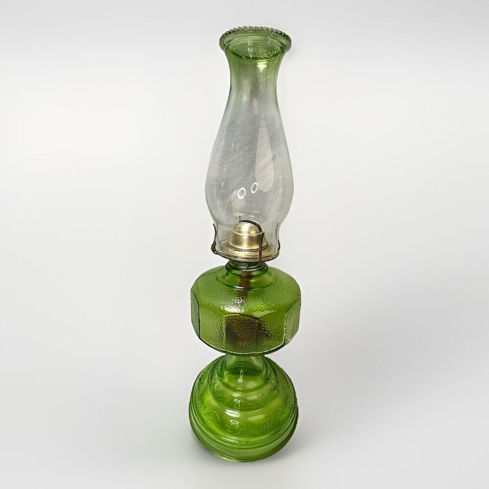 Vintage Green Glass Oil Lamp Etched Base Clear Chimney Kerosene
